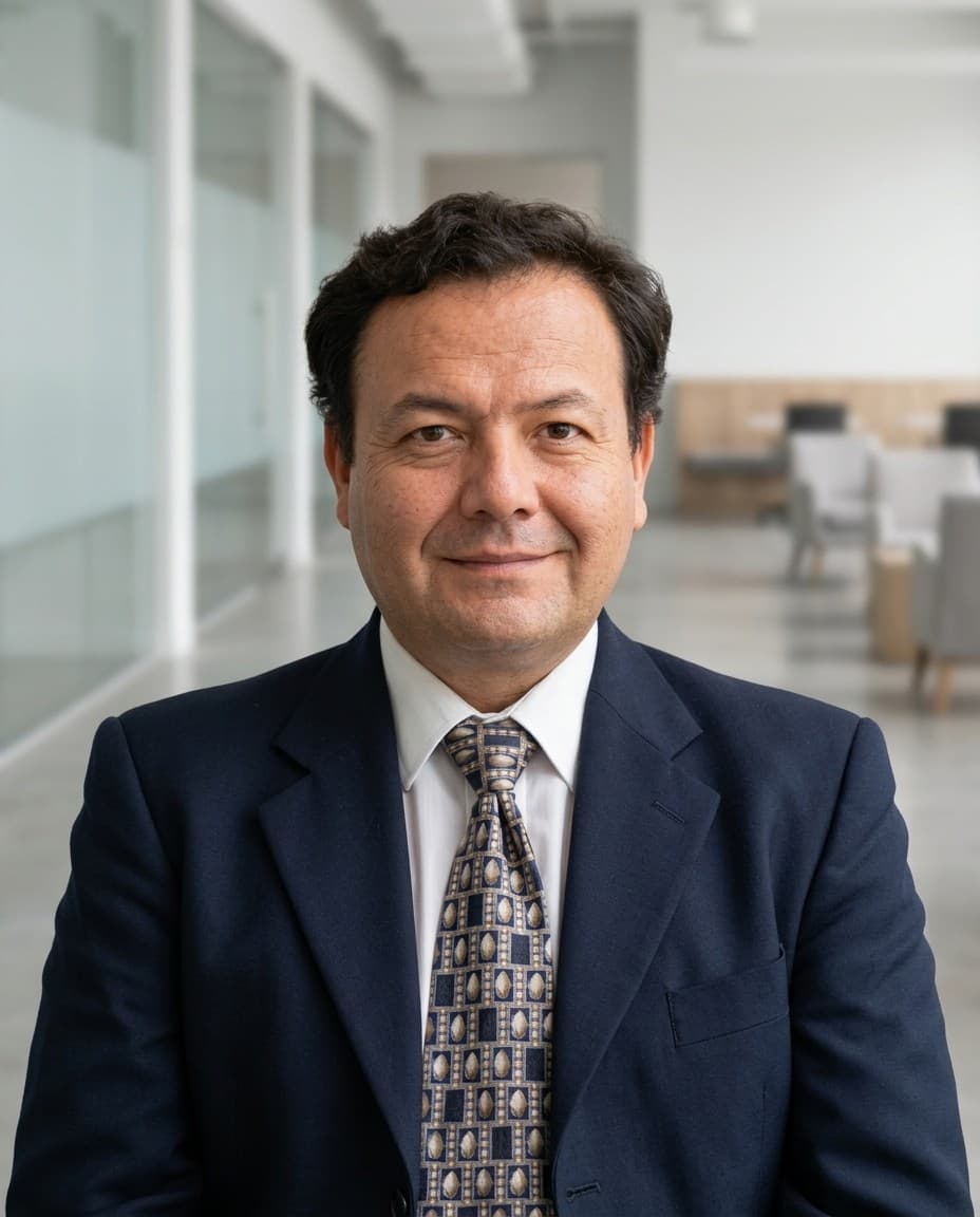 Pascual Sandoval del Toro, de traje azul marino, en una oficina